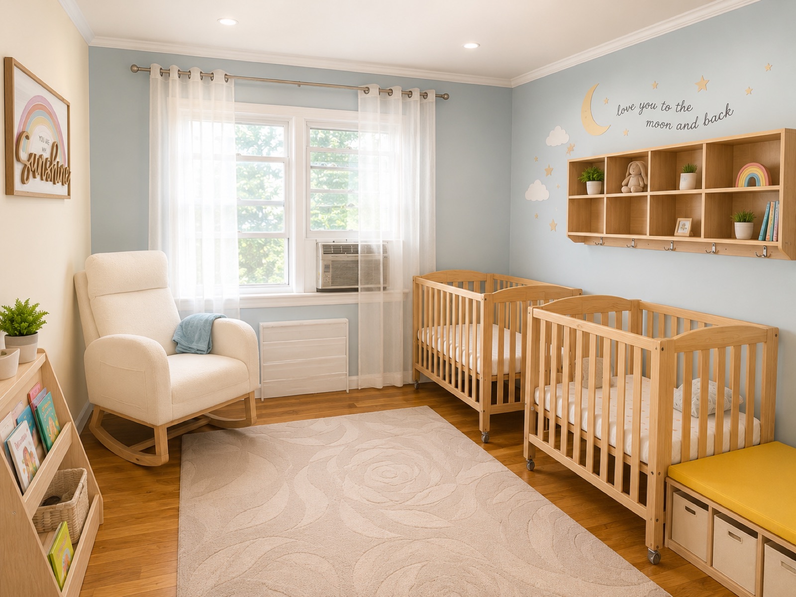 Nursery room with cribs, rocking chair and soft rug