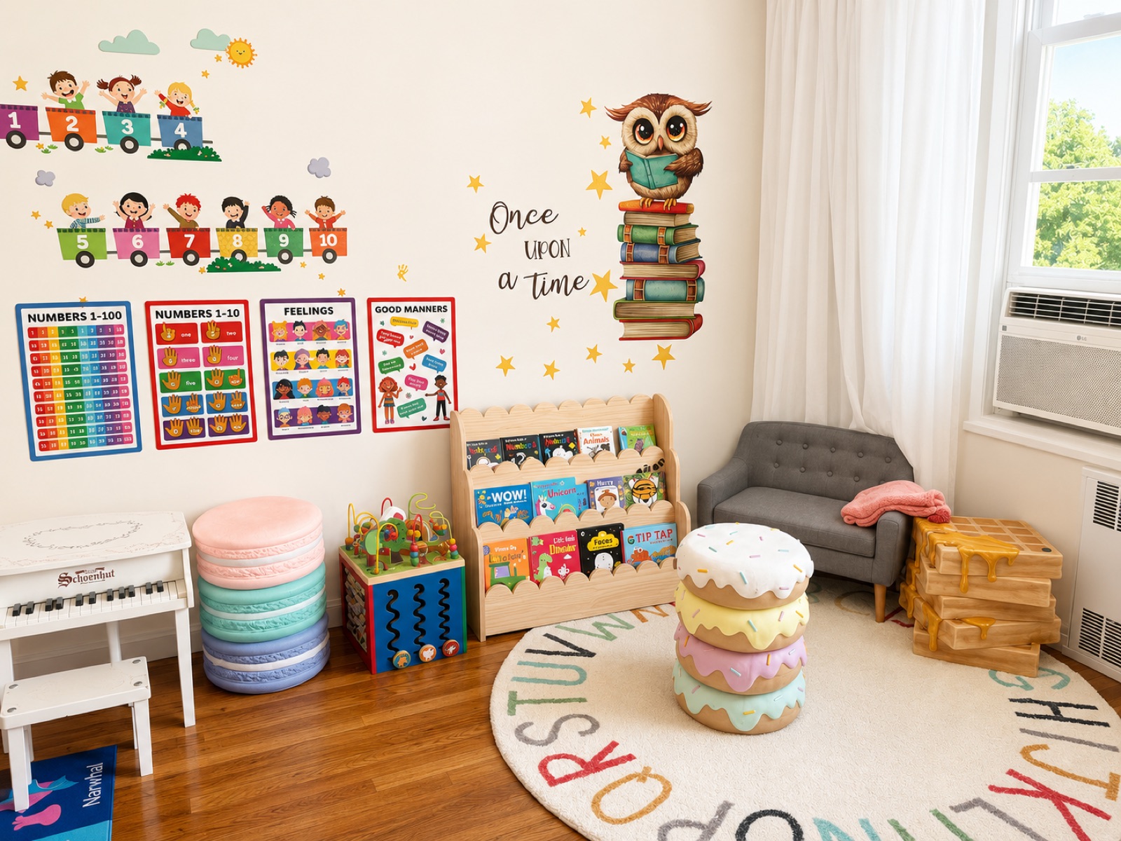 Reading corner with book nook, owl wall decal and cozy seating