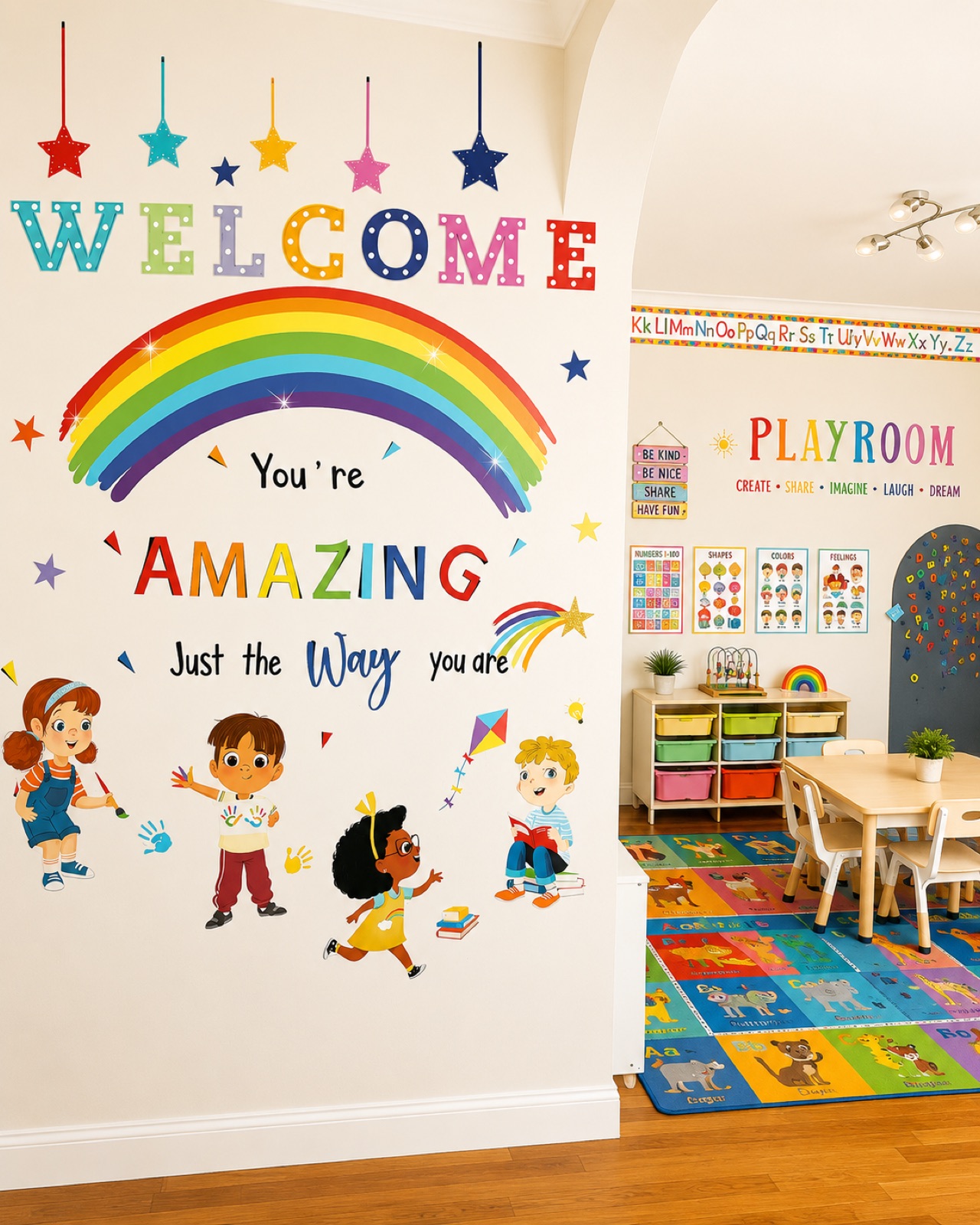Welcome mural and playroom with table, chairs and rugs